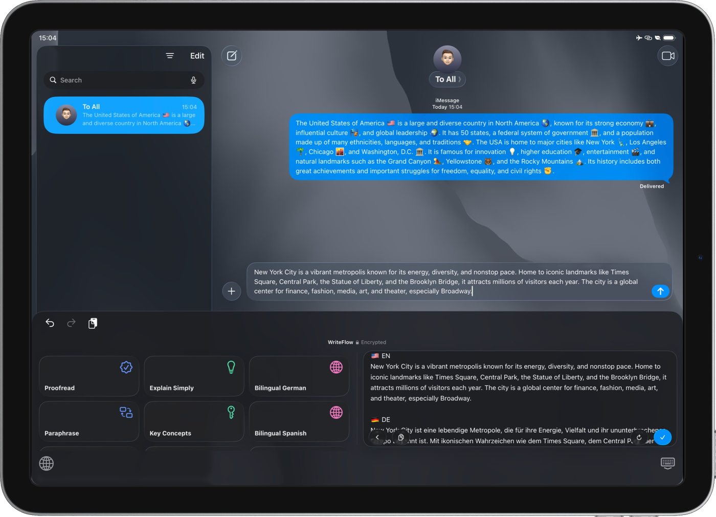 WriteFlow used to translate text into multiple languages on iPad