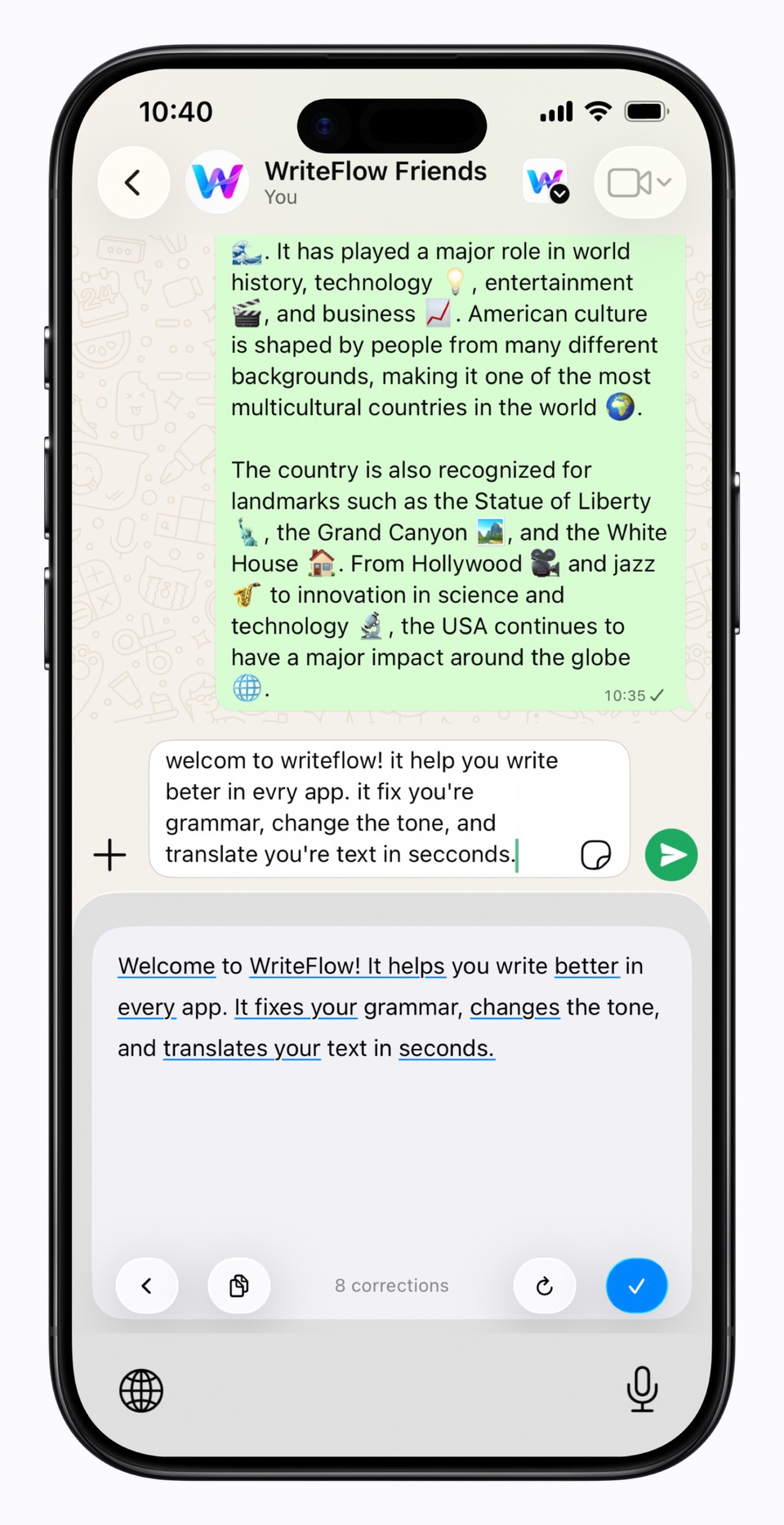 WriteFlow proofreading a WhatsApp message in place on iPhone