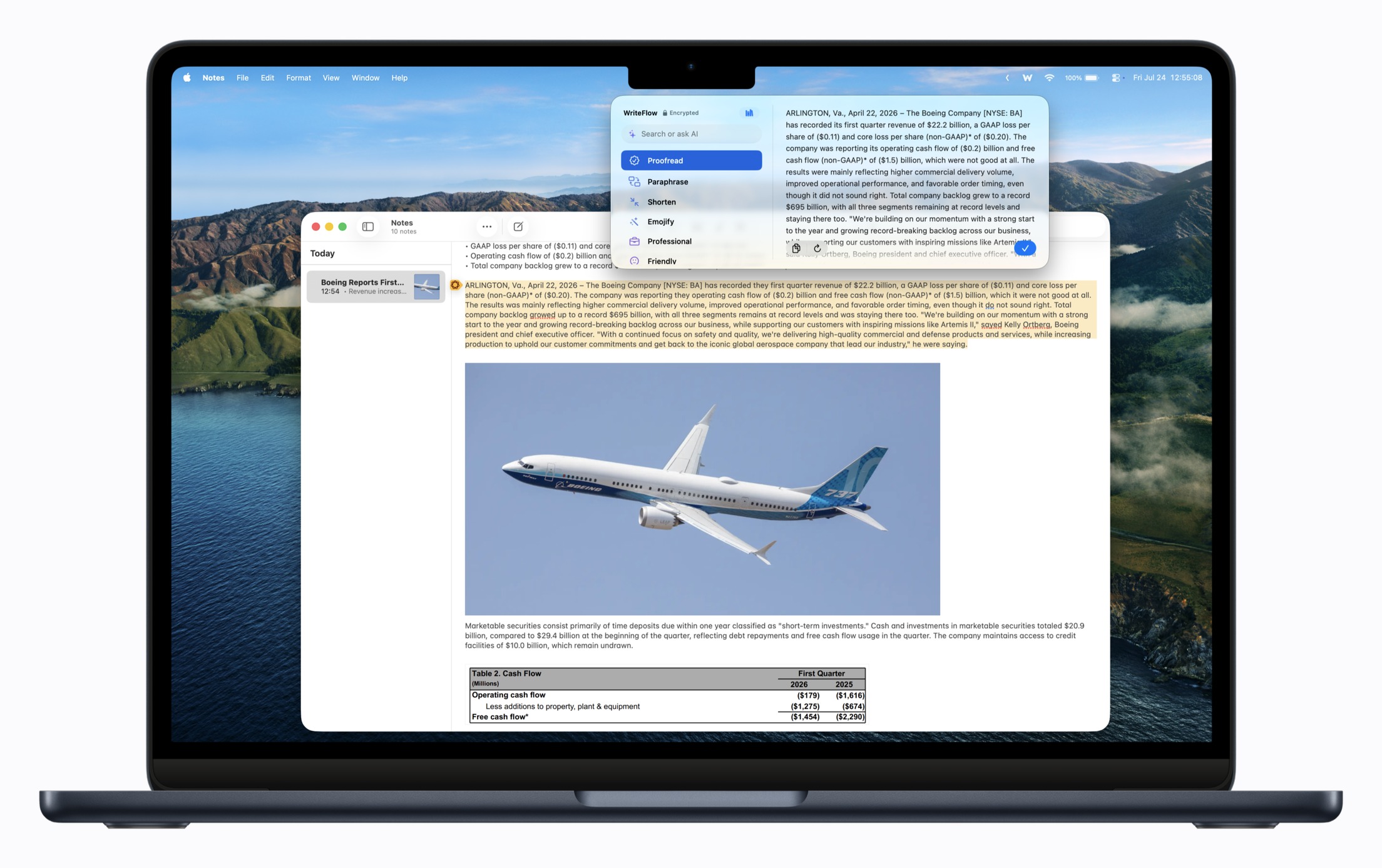 WriteFlow's AI prompt panel open over a document on Mac, showing Proofread, Paraphrase and more