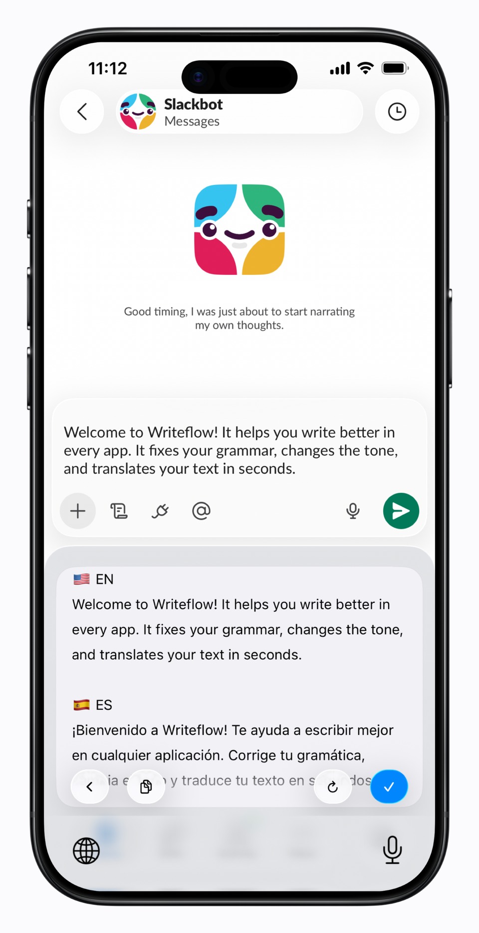 WriteFlow translating a message into English and Spanish on iPhone
