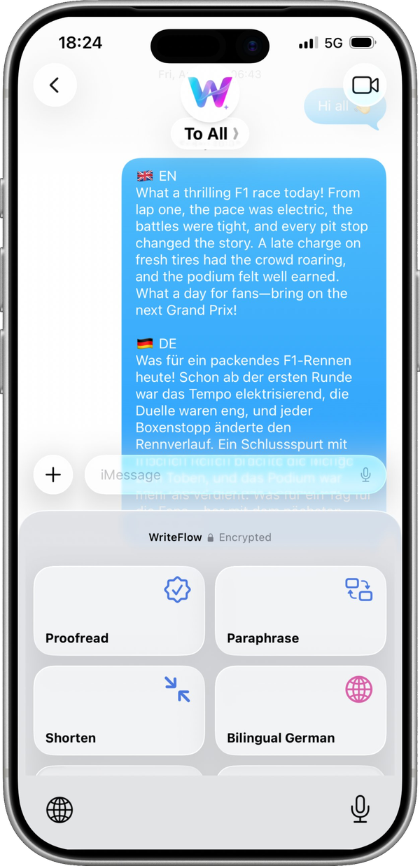 WriteFlow on iPhone — bilingual translation