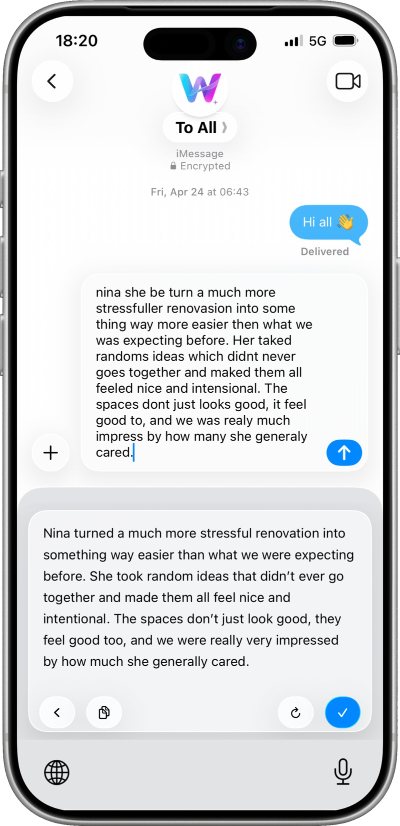 WriteFlow polishing a messy text message in iMessage on iPhone