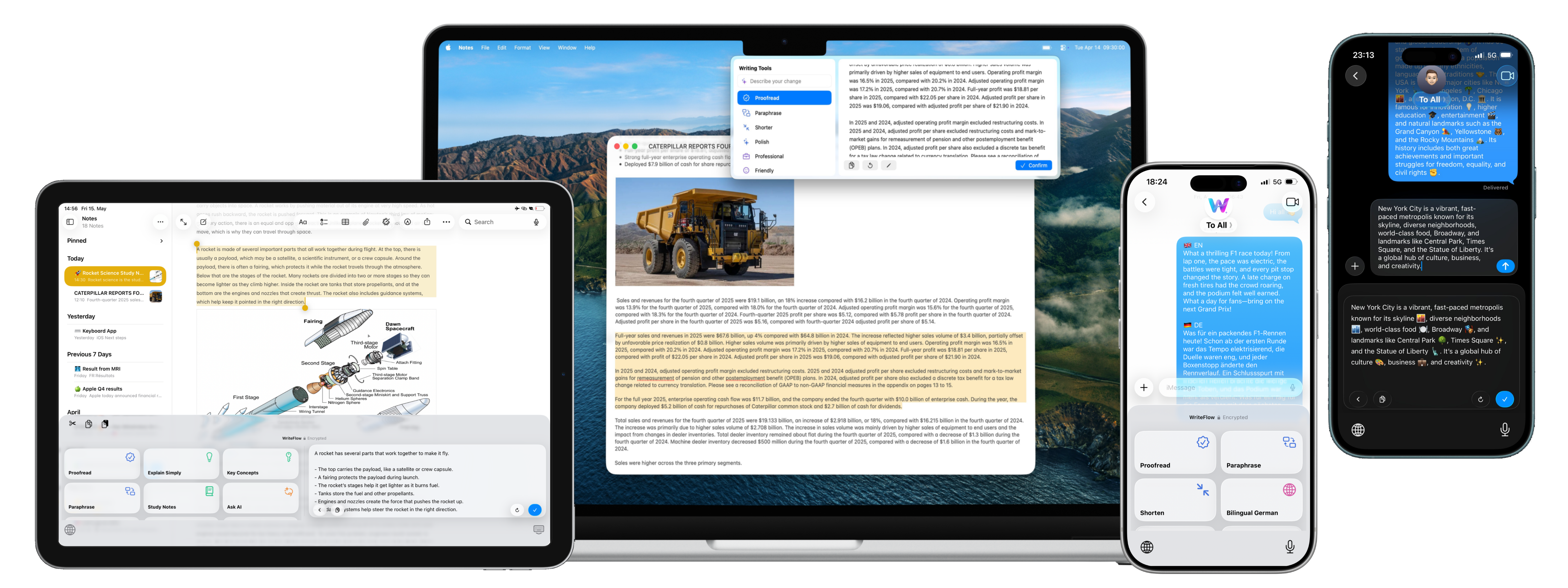 WriteFlow shown on iPhone, iPad and MacBook — AI writing tools across every Apple device